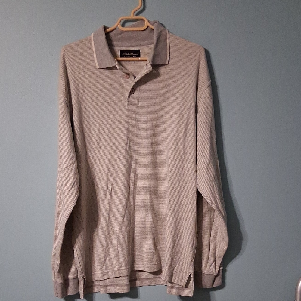 Eddie Bauer Light Gray And White Striped Men's Long Sleeve Polo Shirt TXL